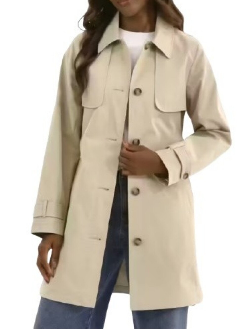 Time & Tru Neutral Classic Trench Coat NWT Wind Water Resistant Flaps Cream